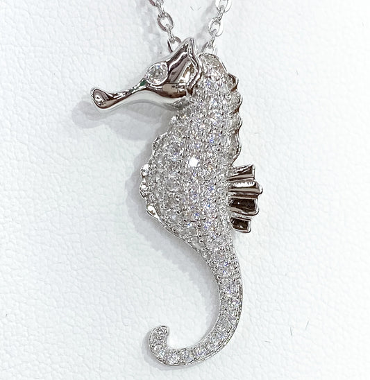 SHIMMERING SEAHORSE WHITE ZIRCON ENCRUSTED PENDANT NECKLACE