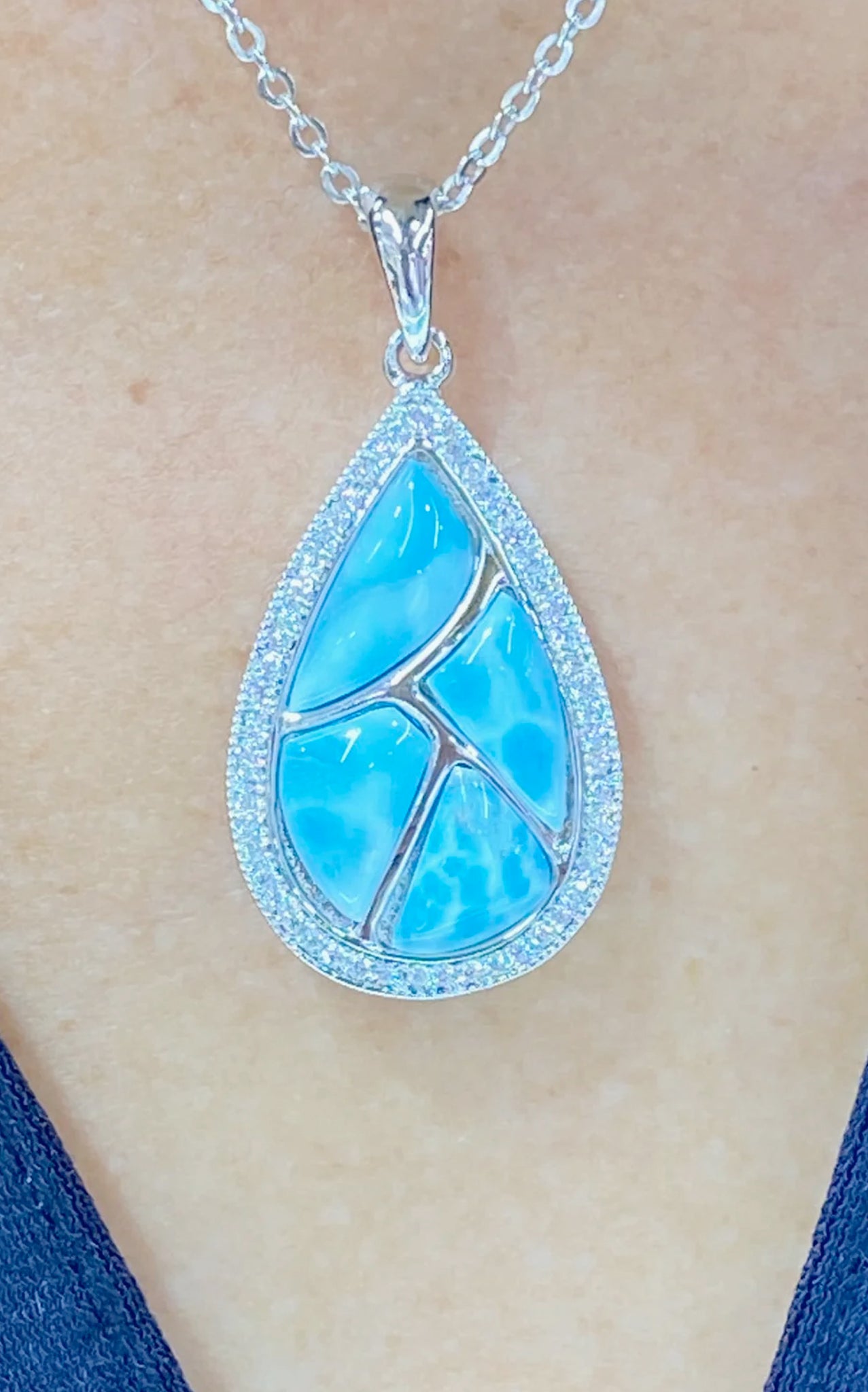 SPARKLING LARIMAR AND WHITE TOPAZ PENDANT NECKLACE