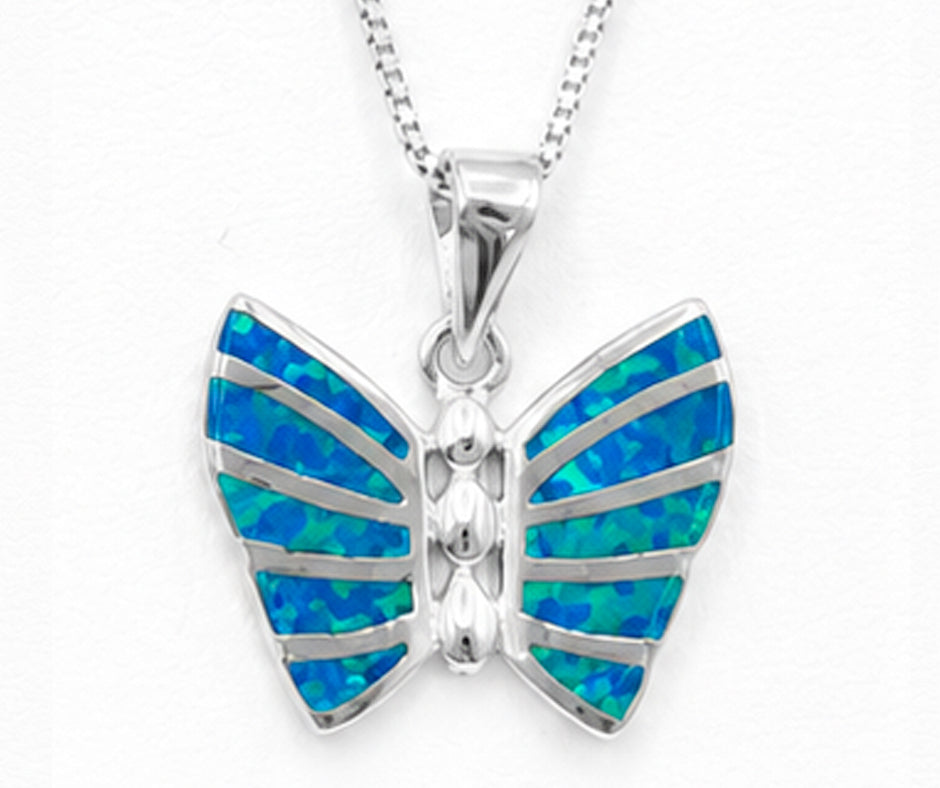 STERLING SILVER BUTTERFLY WITH BLUE OPAL PENDANT