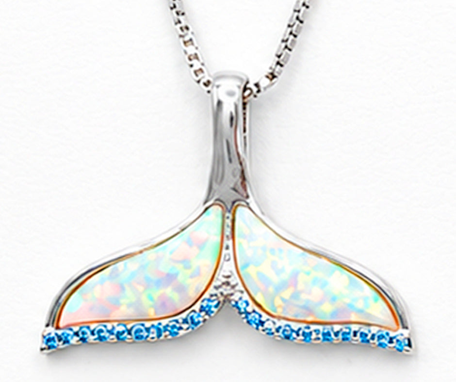 STERLING SILVER DOLPHIN TAIL WITH WHITE OPAL AND BLUE ZIRCON PENDANT