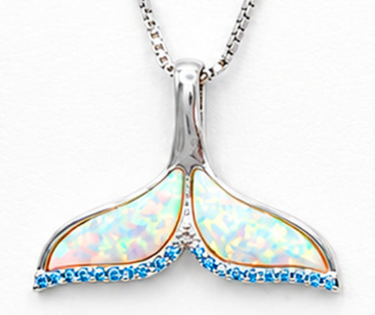 SILVER 925 DOLPHIN TAIL WITH WHITE OPAL AND BLUE ZIRCON PENDANT