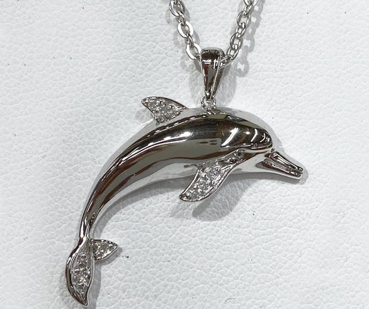 STERLING SILVER DOLPHIN WITH WHITE ZIRCON ACCENTS PENDANT