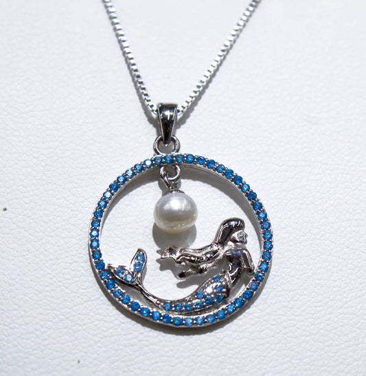 STERLING SILVER MERMAID WITHIN BLUE TOPAZ AND HANGING WHITE PEARL