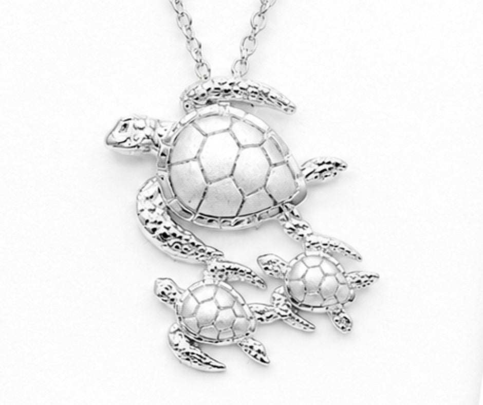 STERLING SILVER NATURAL MATTE AND SHINY SILVER TURTLE TRIO PENDANT 2