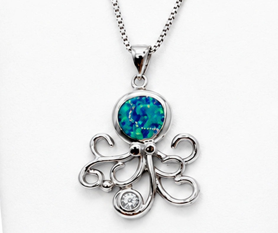 STERLING SILVER OCTOPUS WITH BLUE OPAL AND WHITE ZIRCON PENDANT