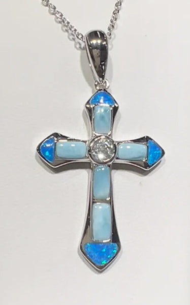 STERLING SILVER OPAL AND LARIMAR CROSS NECKLACE