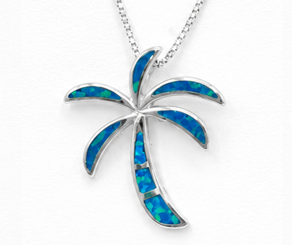 STERLING SILVER PALM TREE WITH BLUE OPAL PENDANT 1