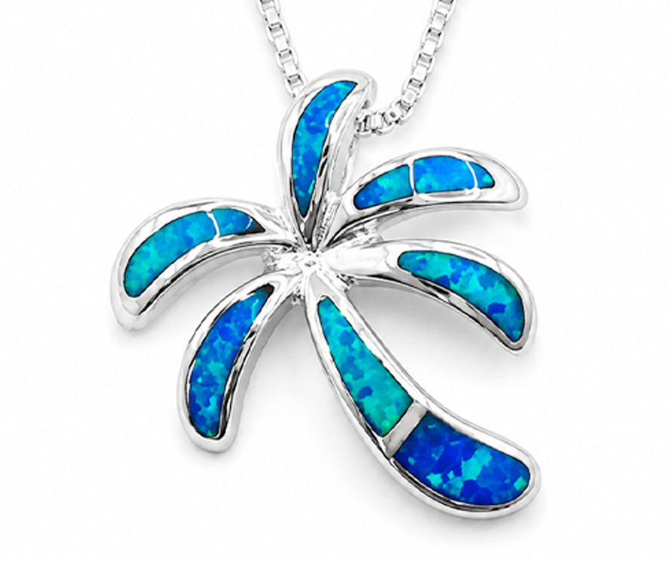 SILVER 925 PALM TREE WITH BLUE OPALS PENDANT LARGE