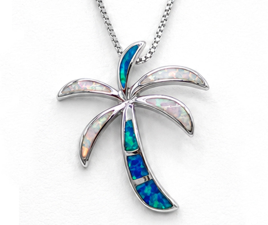 STERLING SILVER PALM TREE WITH MULTICOLOR OPAL PENDANT