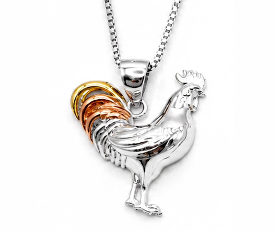 STERLING SILVER ROOSTER WITH GOLD AND ROSE GOLD PENDANT