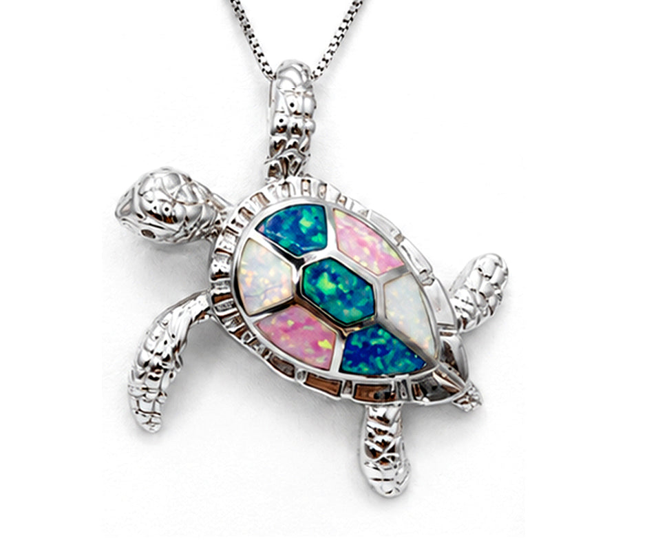 SILVER 925 SEA TURTLE WITH MULTICOLOR OPAL PENDANT LARGE
