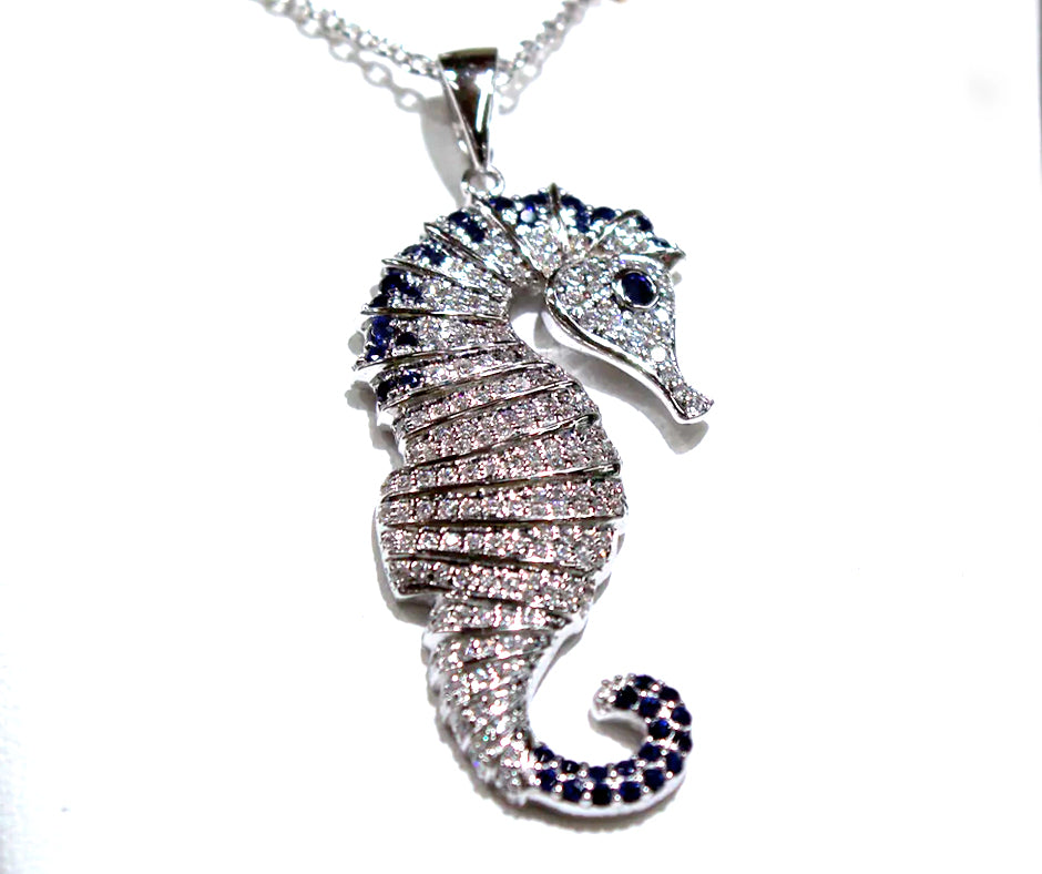 STERLING SILVER SEAHORSE WITH LAB SAPPHIRE AND WHITE ZIRCON