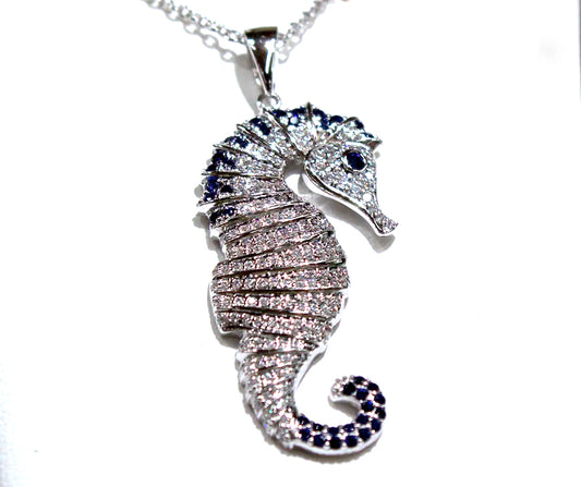 STERLING SILVER SEAHORSE WITH LAB SAPPHIRE AND WHITE ZIRCON