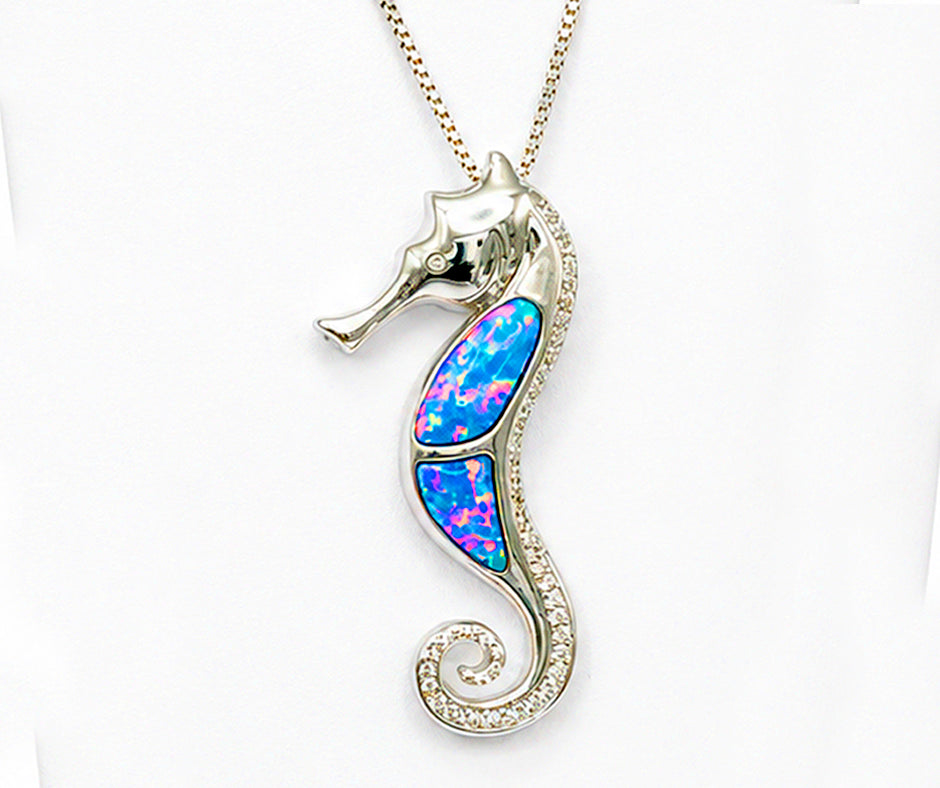 STERLING SILVER SEAHORSE WITH BLUE LAB OPAL INLAY AND WHITE ZIRCON