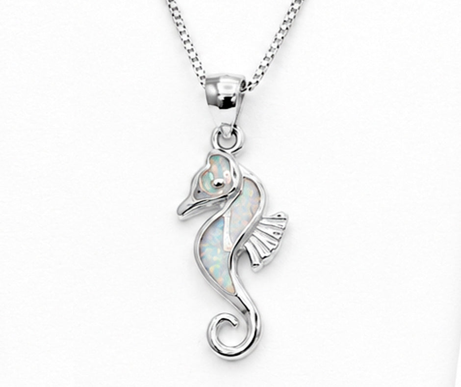 STERLING SILVER SEAHORSE WITH WHITE OPAL PENDANT