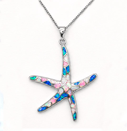 SILVER 925 STARFISH WITH MULTICOLORED OPALS PENDANT MEDIUM