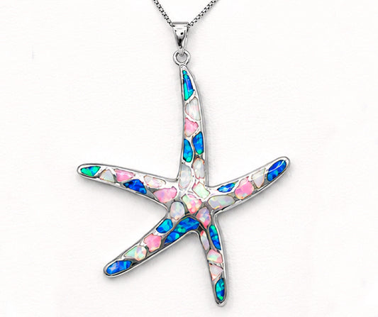SILVER 925 STARFISH WITH MULTICOLORED OPALS PENDANT LARGE