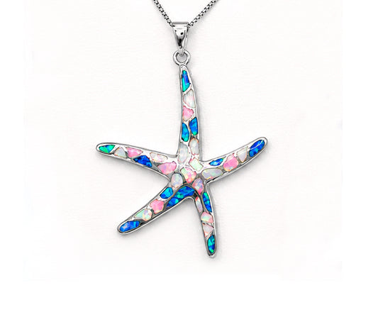 SILVER 925 STARFISH WITH MULTICOLORED OPALS PENDANT SMALL