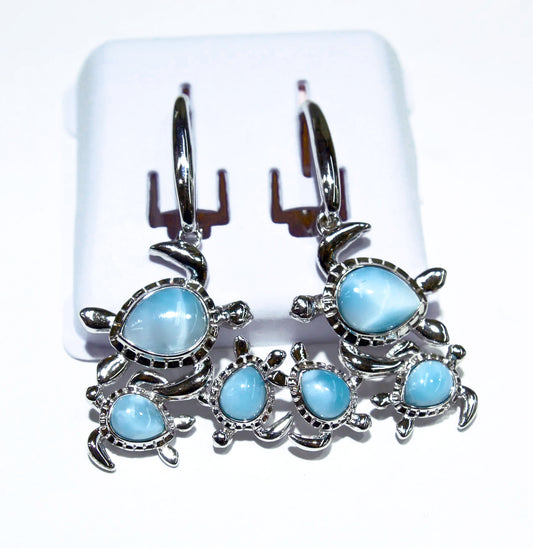 STERLING SILVER TURTLE AND BLUE LARIMAR EARRINGS