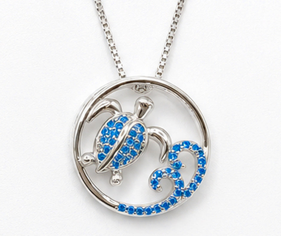 STERLING SILVER TURTLE AND WAVE WITH BLUE ZIRCON PENDANT