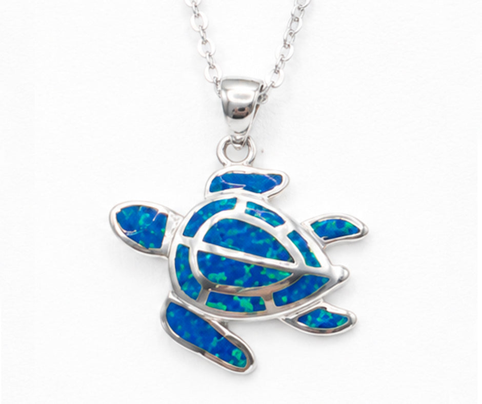 STERLING SILVER TURTLE WITH BLUE OPAL PENDANT