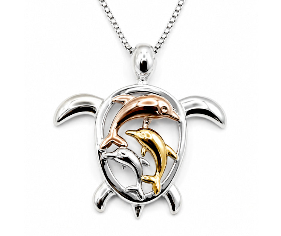 STERLING SILVER TURTLE WITH DOLPHINS IN STERLING SILVER, GOLD AND ROSE GOLD PENDANT
