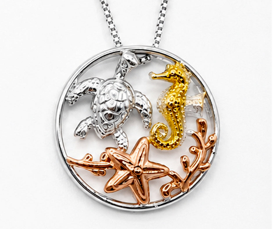 STERLING SILVER TURTLE WITH GOLD SEAHORSE AND ROSE GOLD STARFISH PENDANT