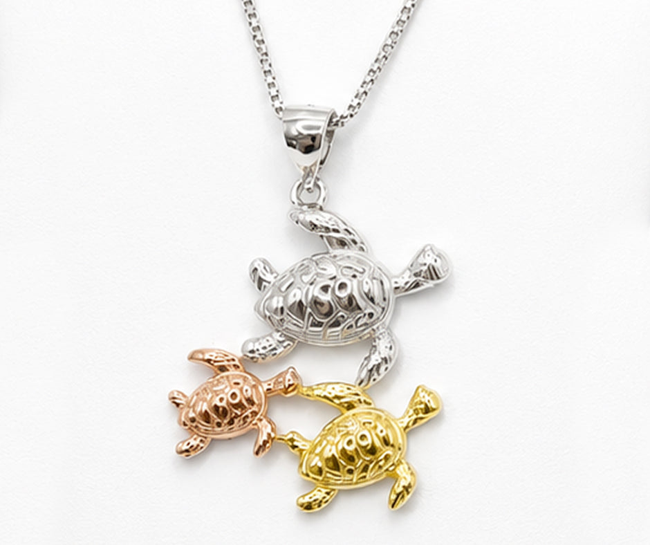 STERLING SILVER TURTLE WITH GOLD AND ROSE GOLD TURTLES PENDANT