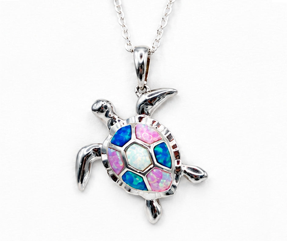STERLING SILVER TURTLE WITH MULTICOLOR OPALS PENDANT