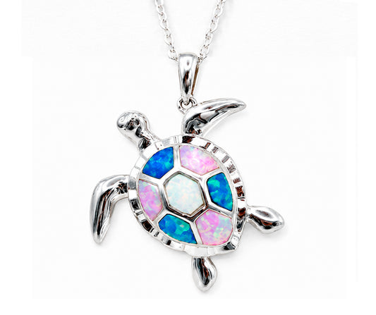 SILVER 925 TURTLE WITH MULTICOLORED OPALS PENDANT MEDIUM