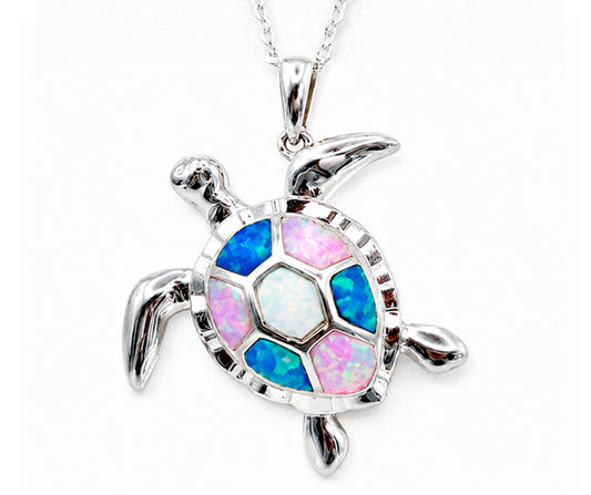 SILVER 925 TURTLE WITH MULTICOLORED OPALS PENDANT LARGE