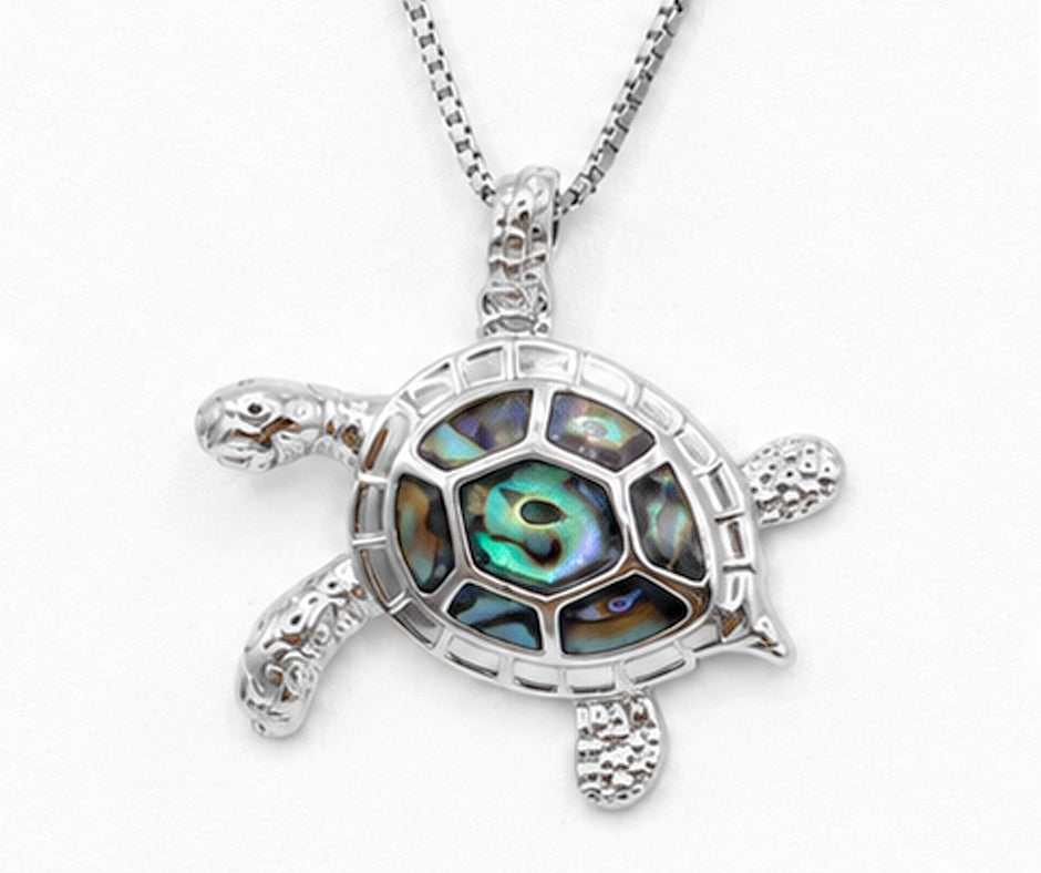 STERLING SILVER TURTLE WITH UNIQUE ABALONE STONES PENDANT