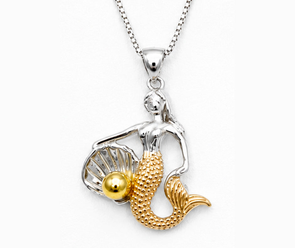 STERLING SILVER, GOLD AND ROSE GOLD MERMAID WITH OYSTER SHELL AND PEARL PENDANT