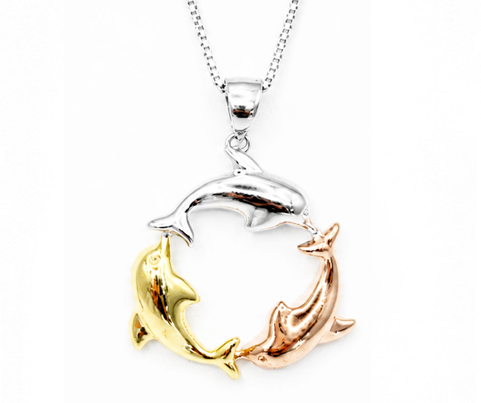 STERLING SILVER WITH GOLD AND ROSE GOLD DOLPHINS PENDANT