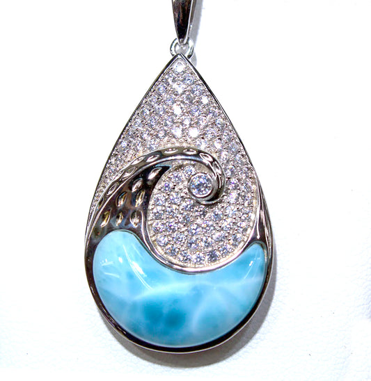 TEARDROP WAVE LARIMAR PENDANT WITH WHITE TOPAZ