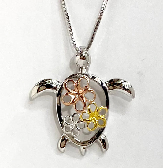 TRI-COLOR SILVER FLORIDA KEYS FLOWER TURTLE PENDANT