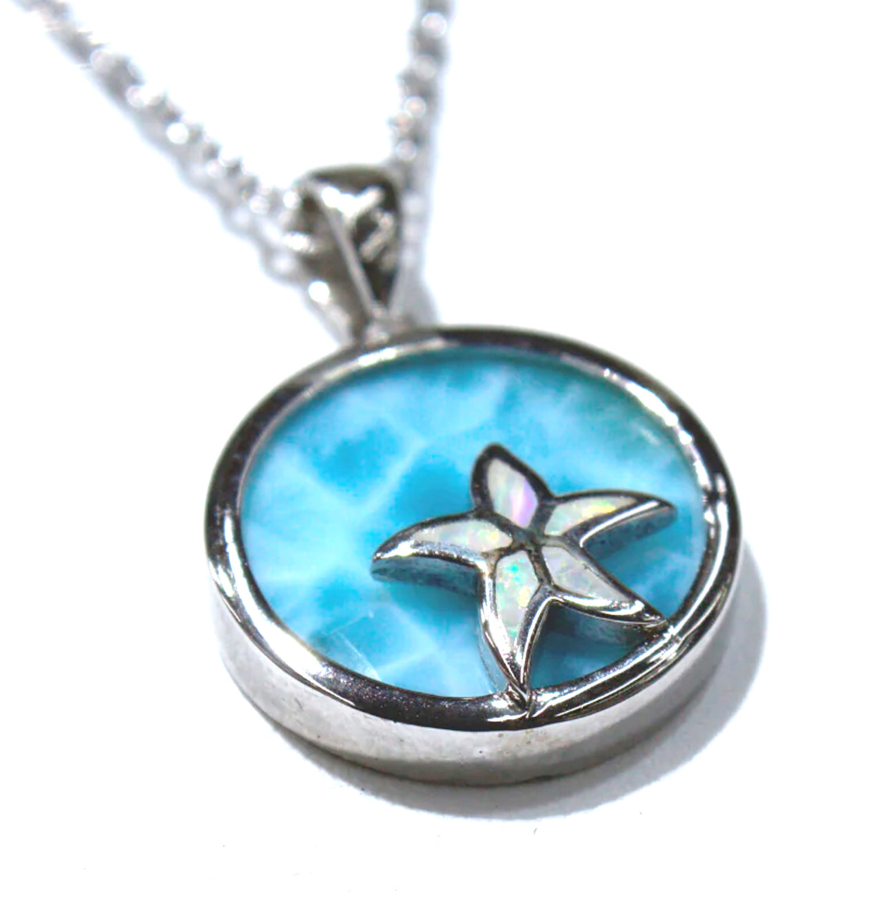 WHITE LAB OPAL STARFISH AND LARIMAR PENDANT